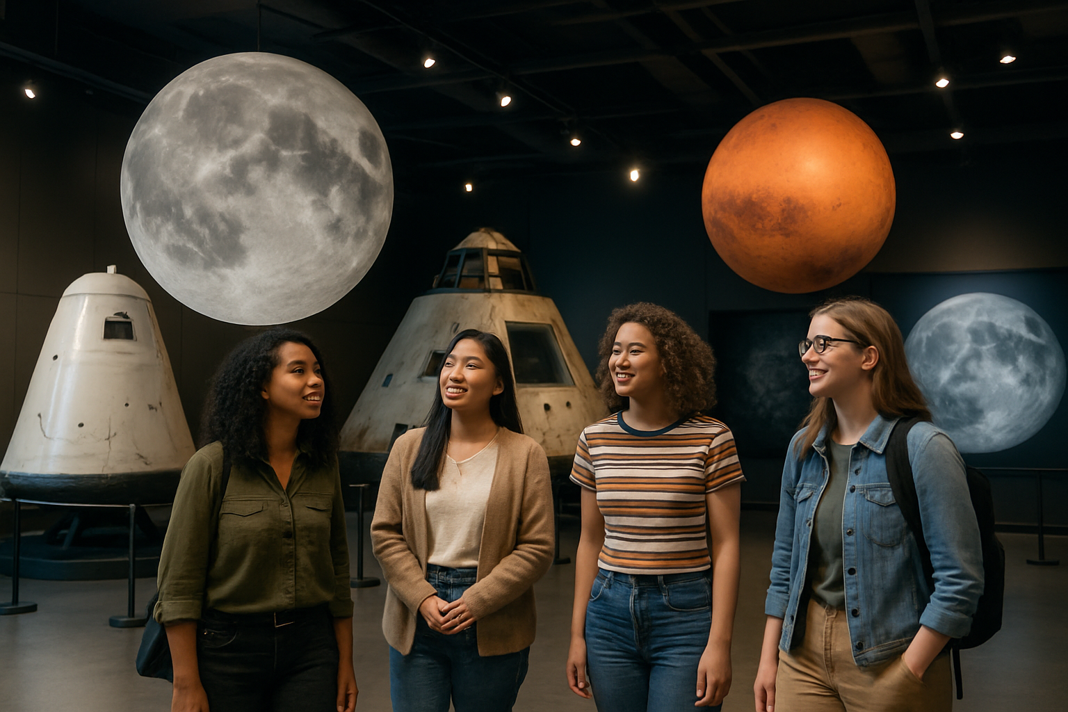 Friends exploring a welcoming indoor space exhibit together