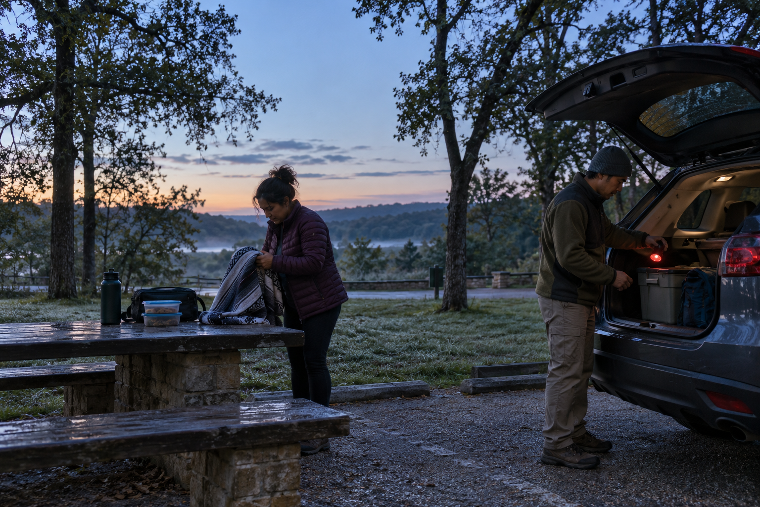 Friends packing a clean picnic area at dawn near a Texas state park parking area
