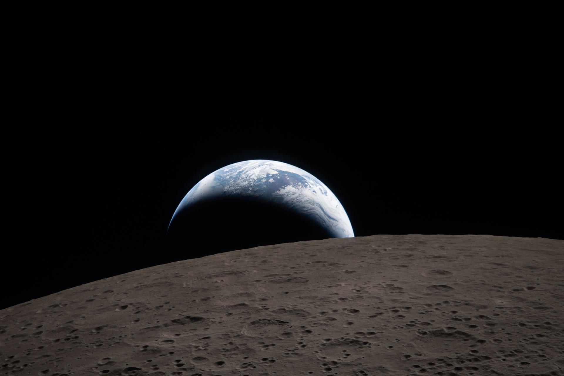 Earth setting beyond the Moon as seen on Artemis II, credit NASA