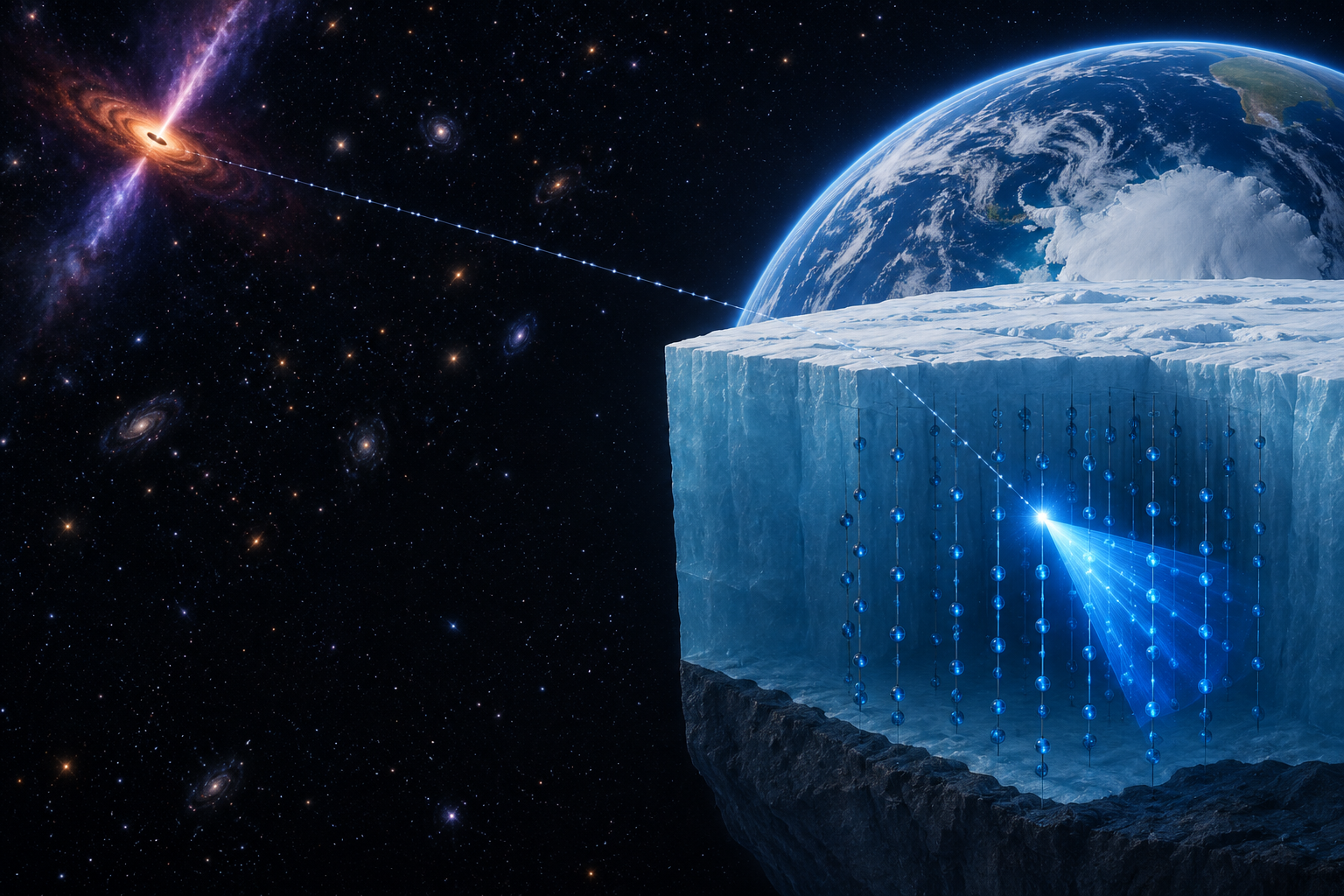 Conceptual neutrino path from a distant active galaxy to detector strings in Antarctic ice