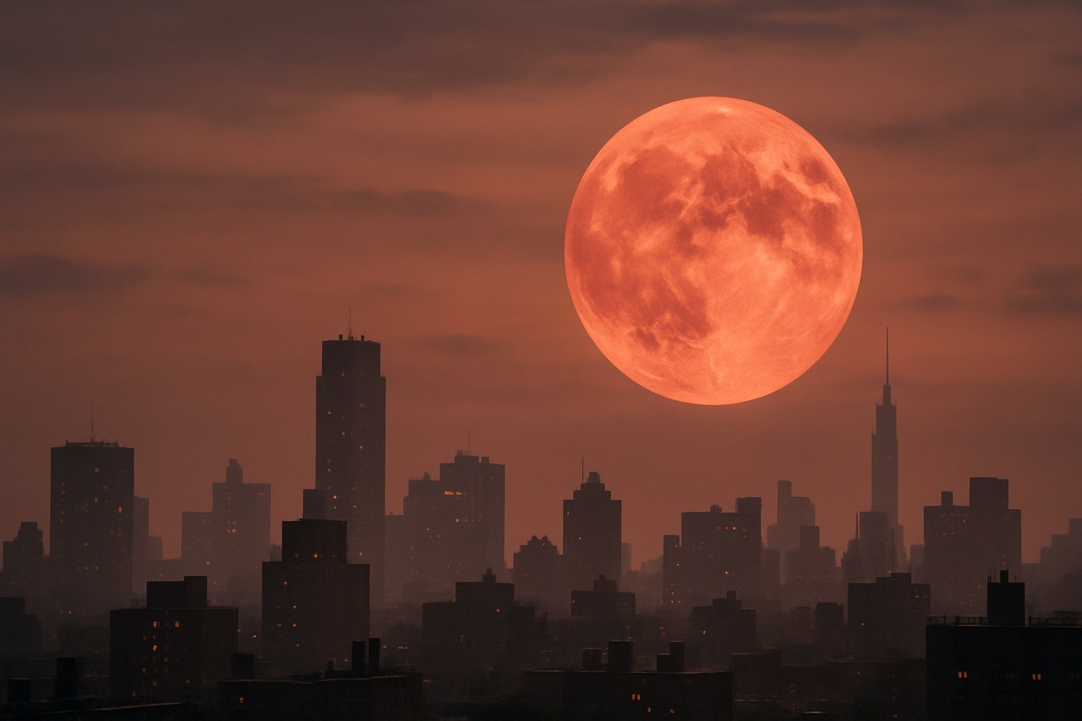 A warm full Strawberry Moon rising over a city skyline at dusk