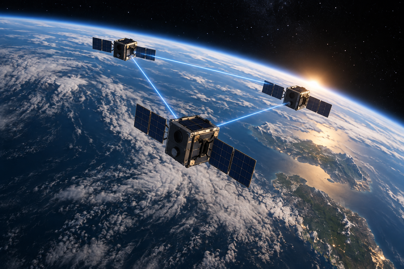 Conceptual illustration of three small satellites using tightly aligned laser links in low Earth orbit.