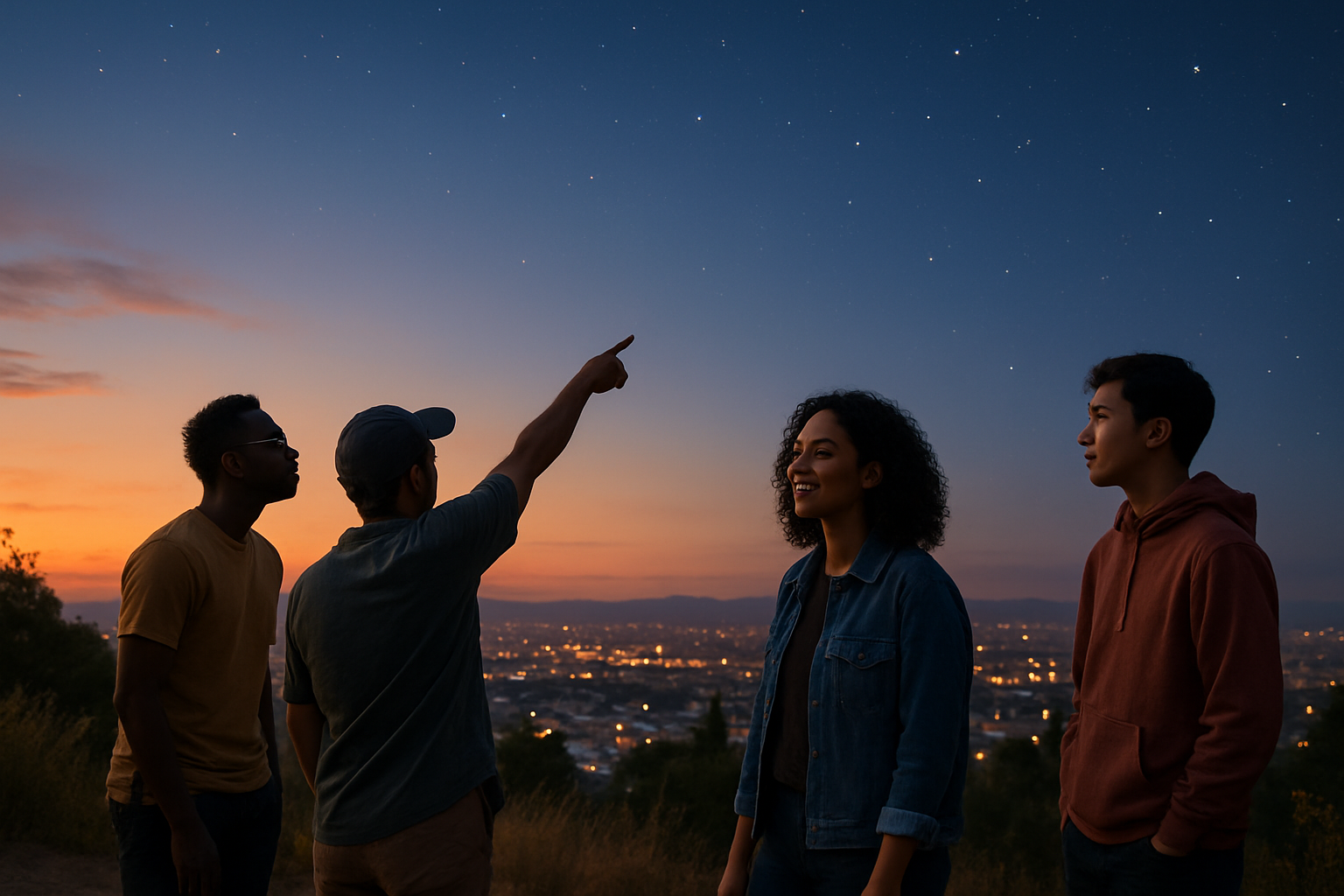 A diverse group of friends stargazing above a city at summer twilight as brighter stars begin to appear