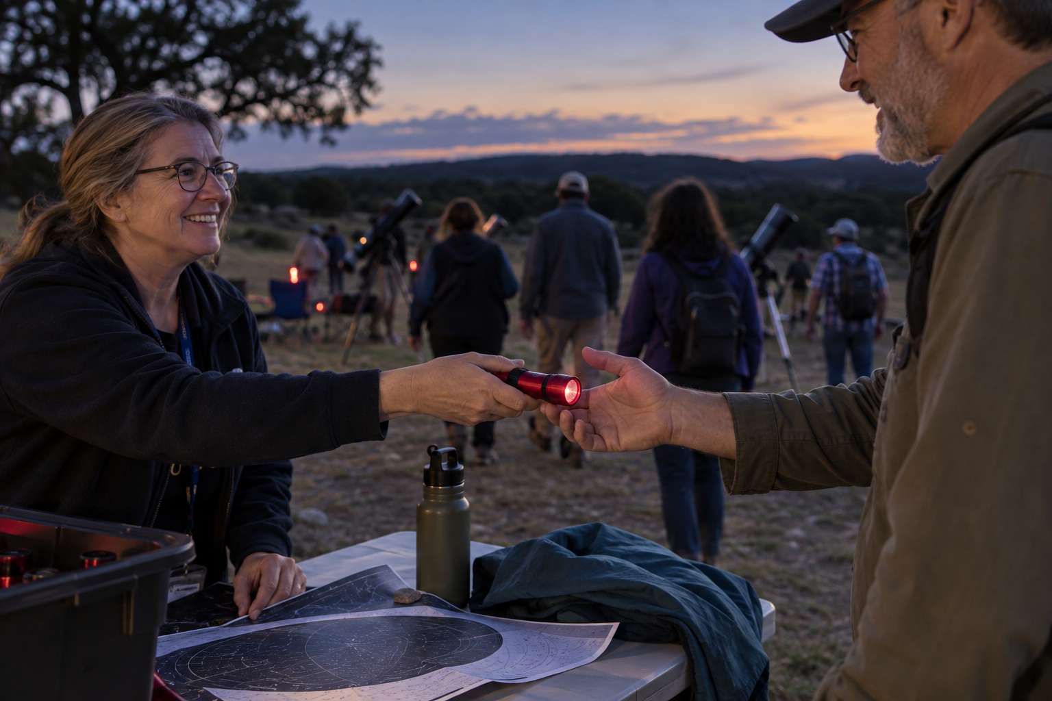 A volunteer gives a newcomer a red flashlight before a community observing night.