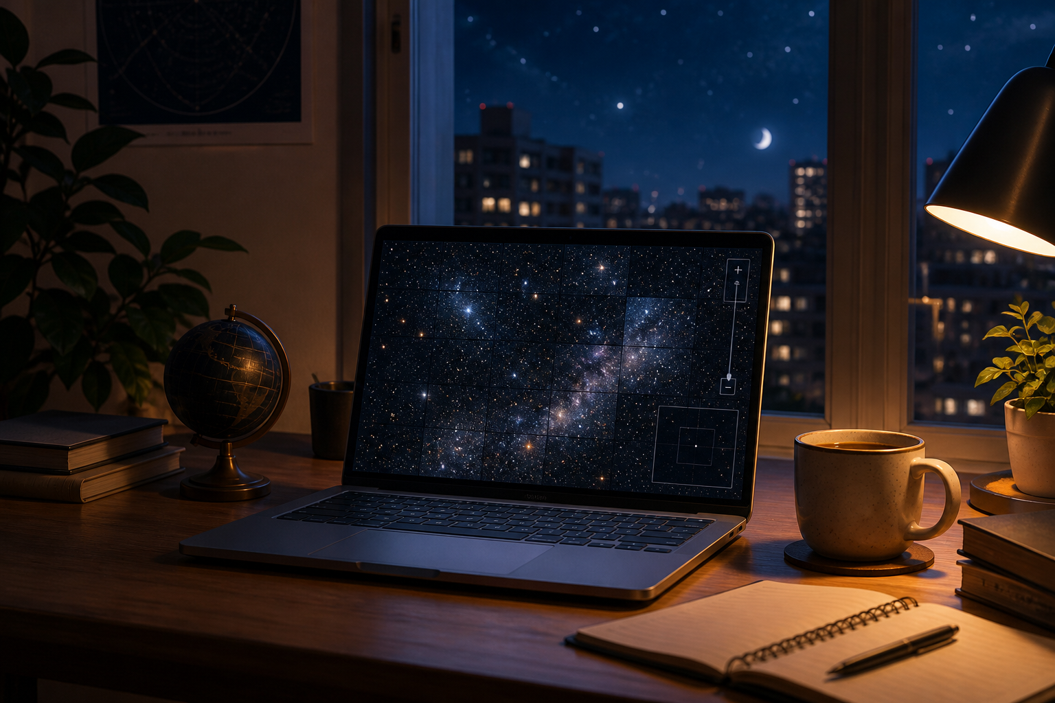 An unbranded laptop displays a zoomable deep-sky mosaic on a warm night desk