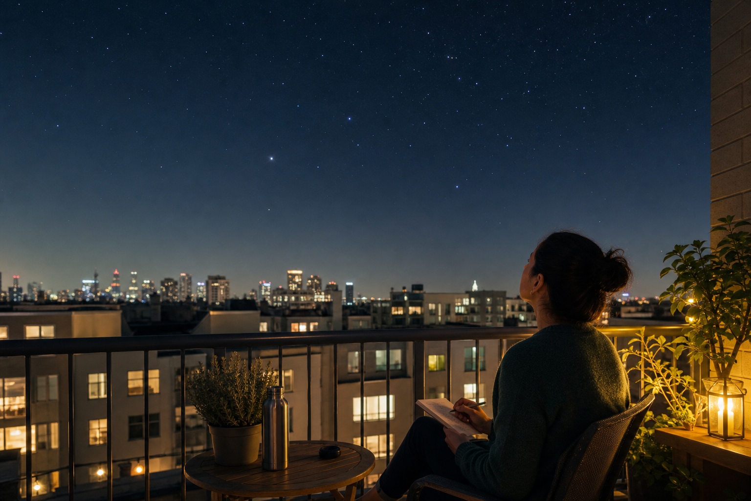 Quiet late-evening balcony skywatching setup with a notebook and observer tracing bright summer stars above urban rooftops