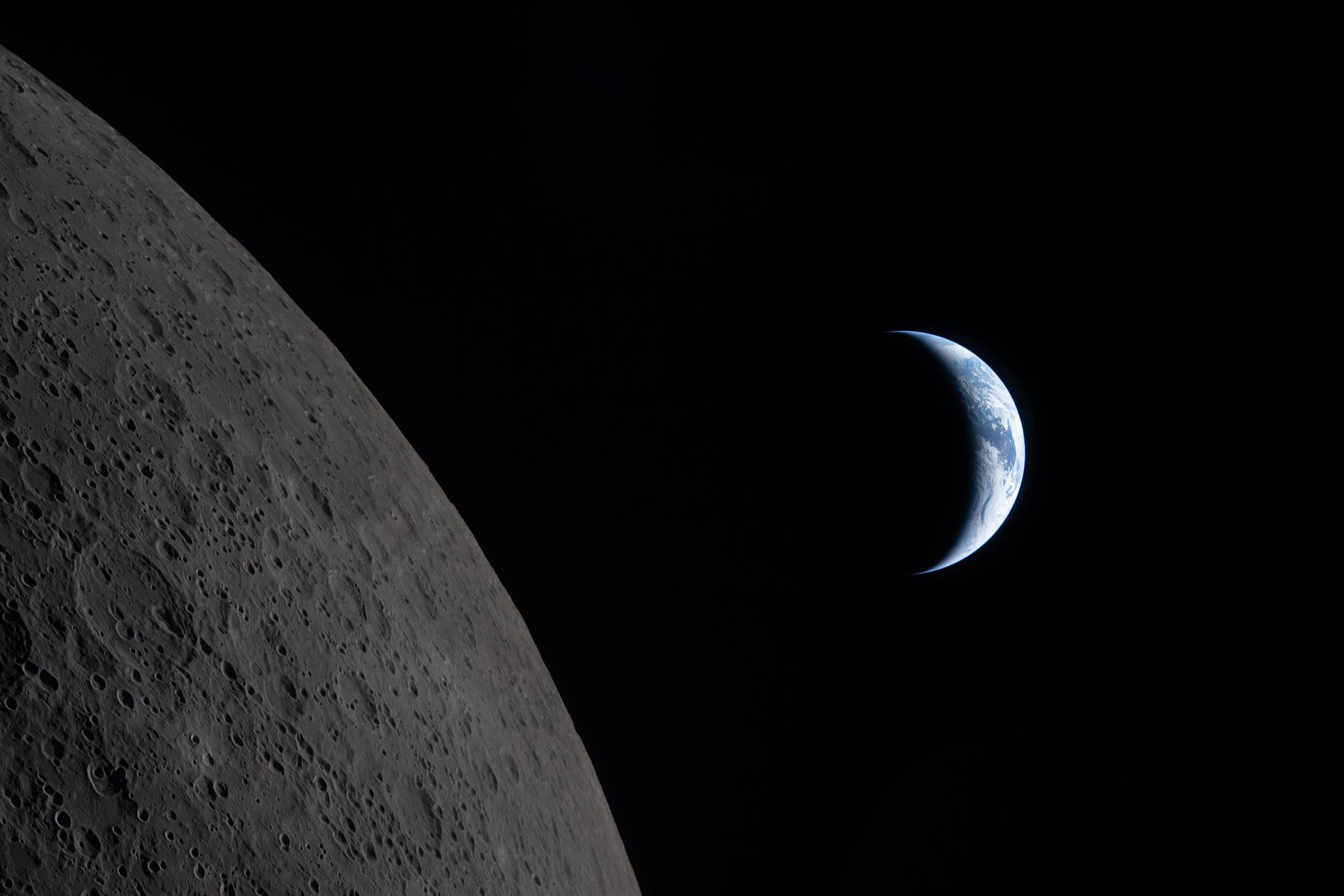 Crescent Earth above the lunar horizon photographed during Artemis II, credit NASA