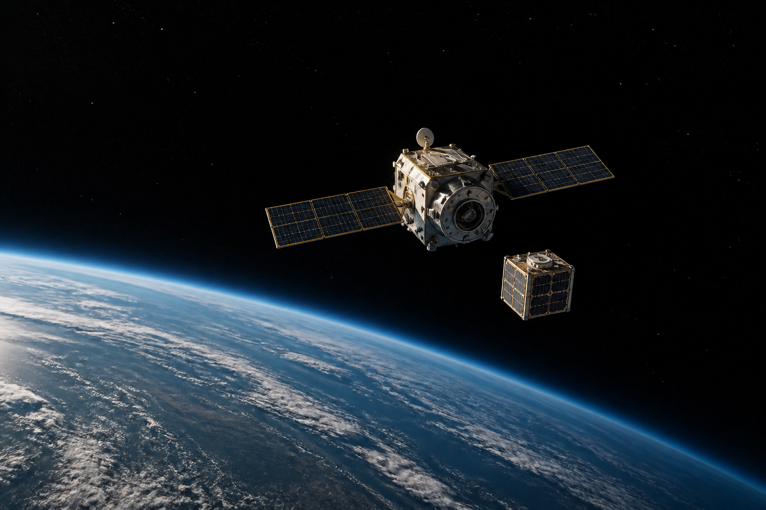 A robotic servicing spacecraft holds position near a science satellite above the blue curve of Earth, illustrating a possible rendezvous without capture.