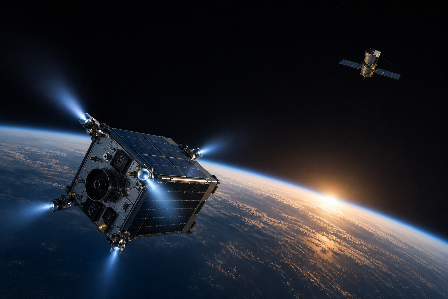 LINK servicing spacecraft using gimbaled electric thrusters during an orbital recovery maneuver above Earth