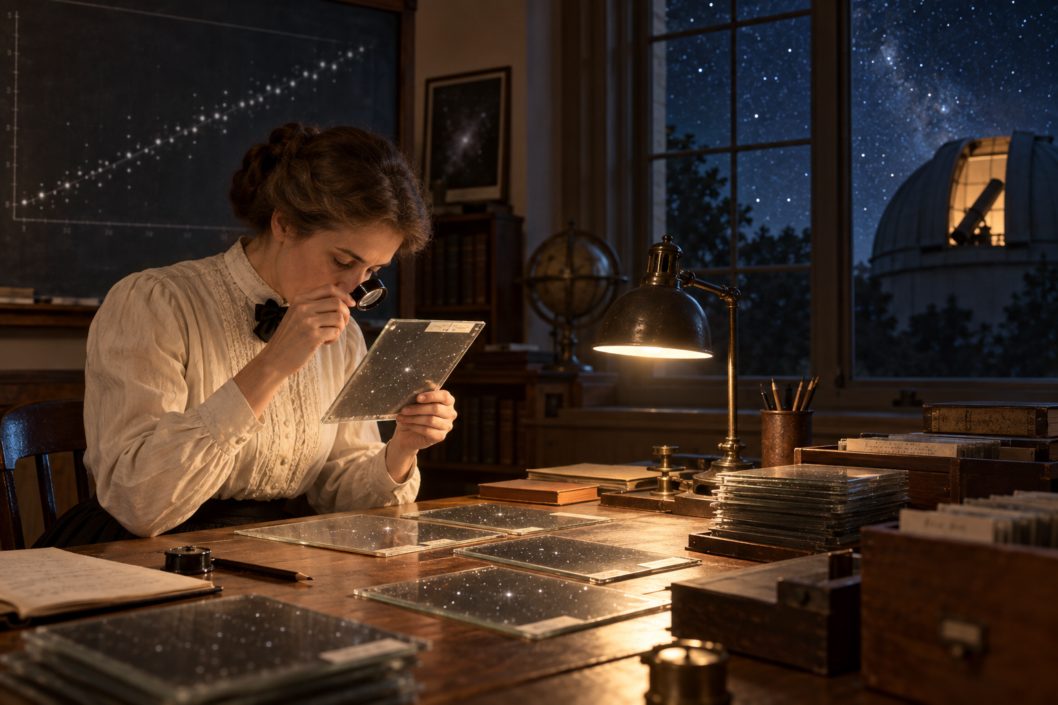 A scientist studies glass astronomical plates at a lamplit desk.