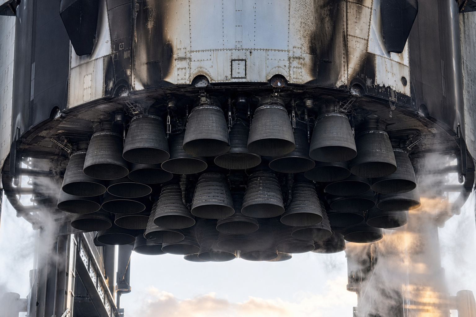 Illustrative close view of a reusable rocket booster engine cluster