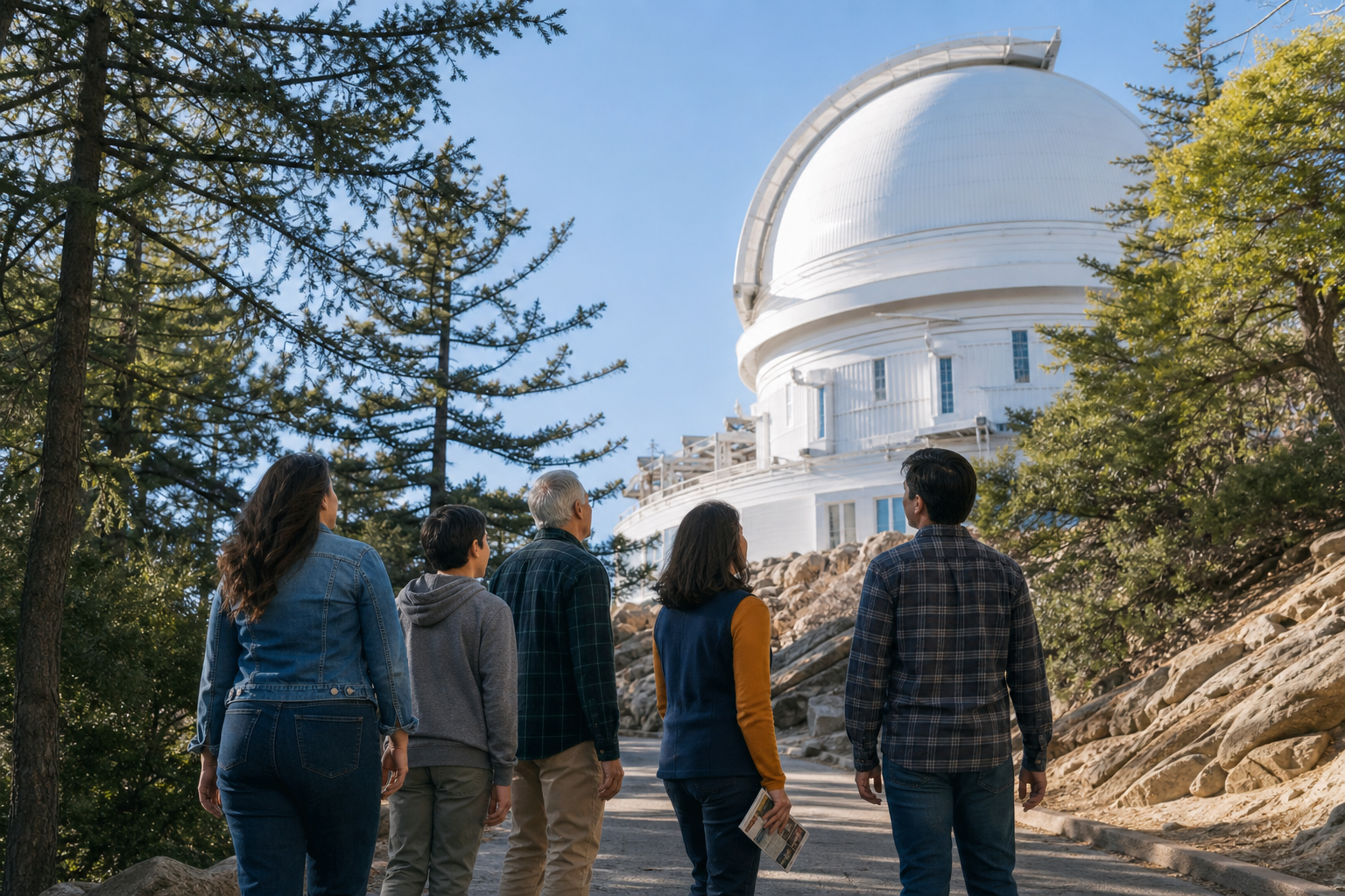 A family explores the outdoor path beside a historic observatory dome