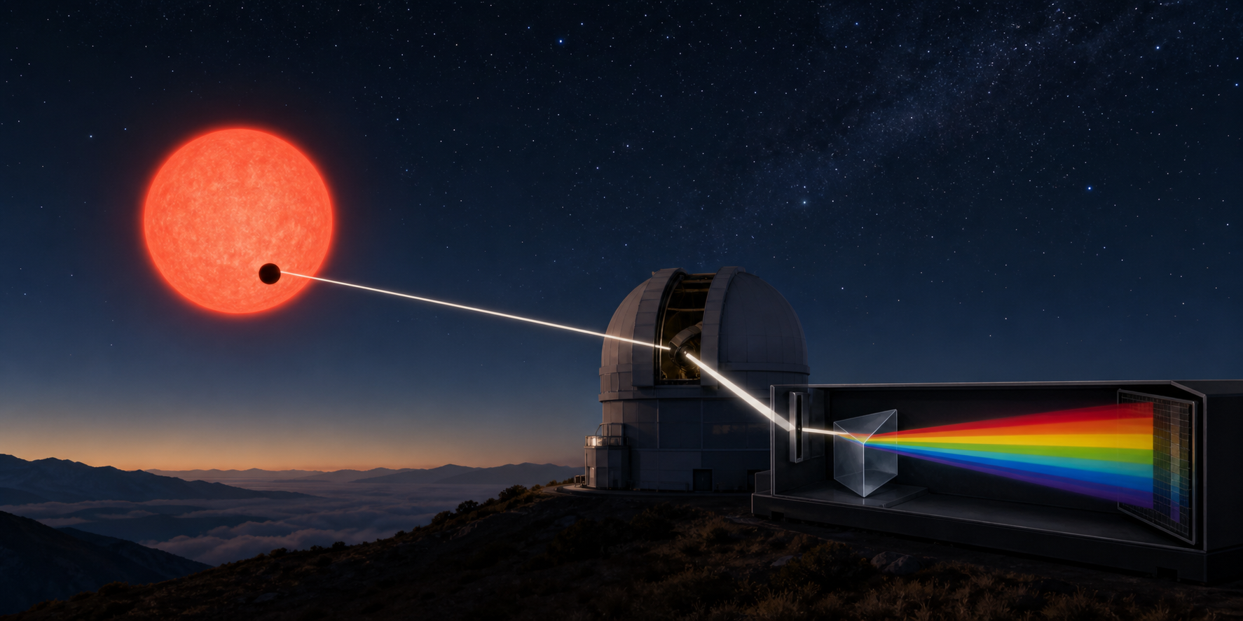 Transit spectroscopy illustration showing star light spread into a spectrum