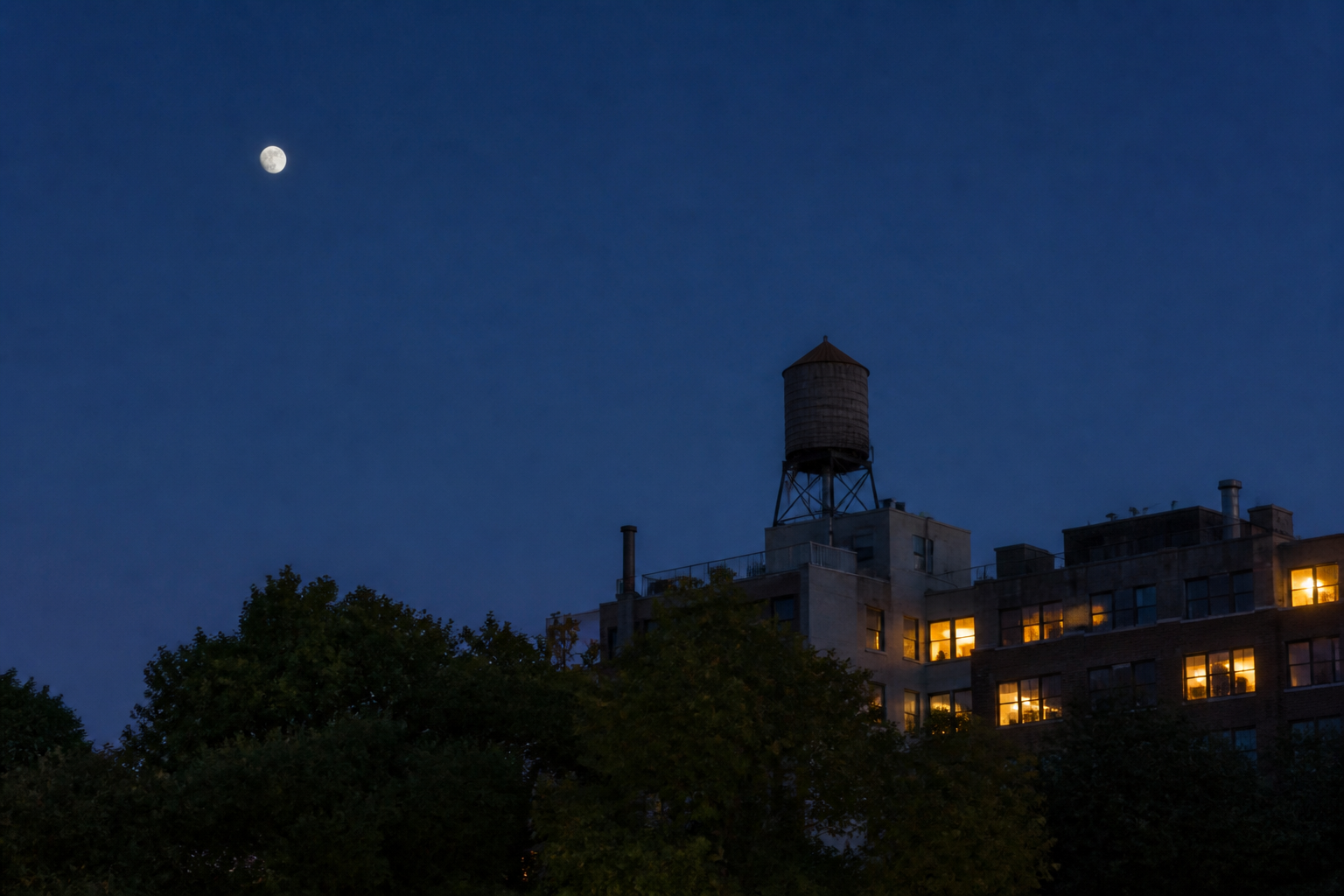 A small realistic Moon hangs over a city water tower and warm apartment windows at blue hour.