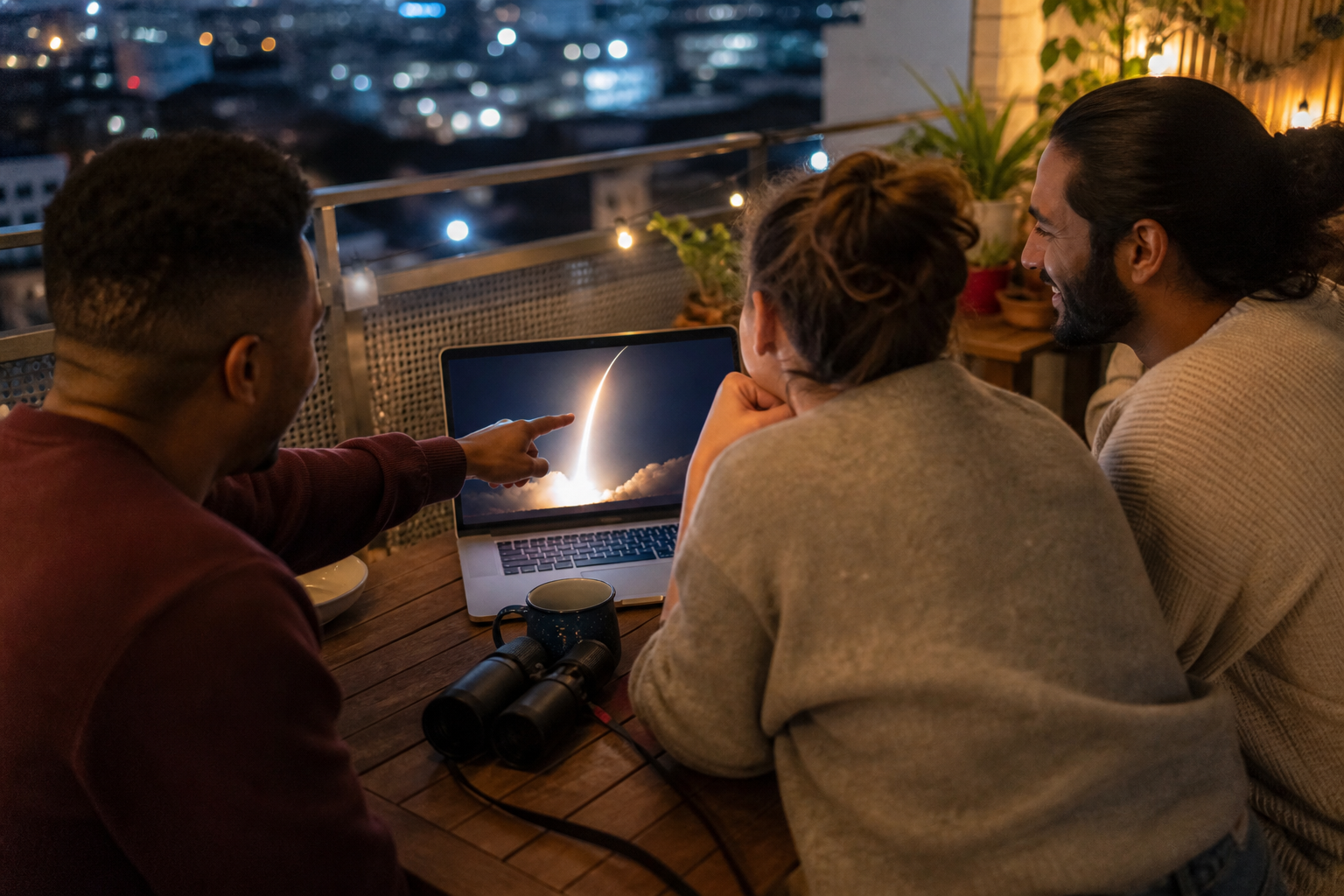 Three friends share an at-home rocket-launch watch-along on a city balcony