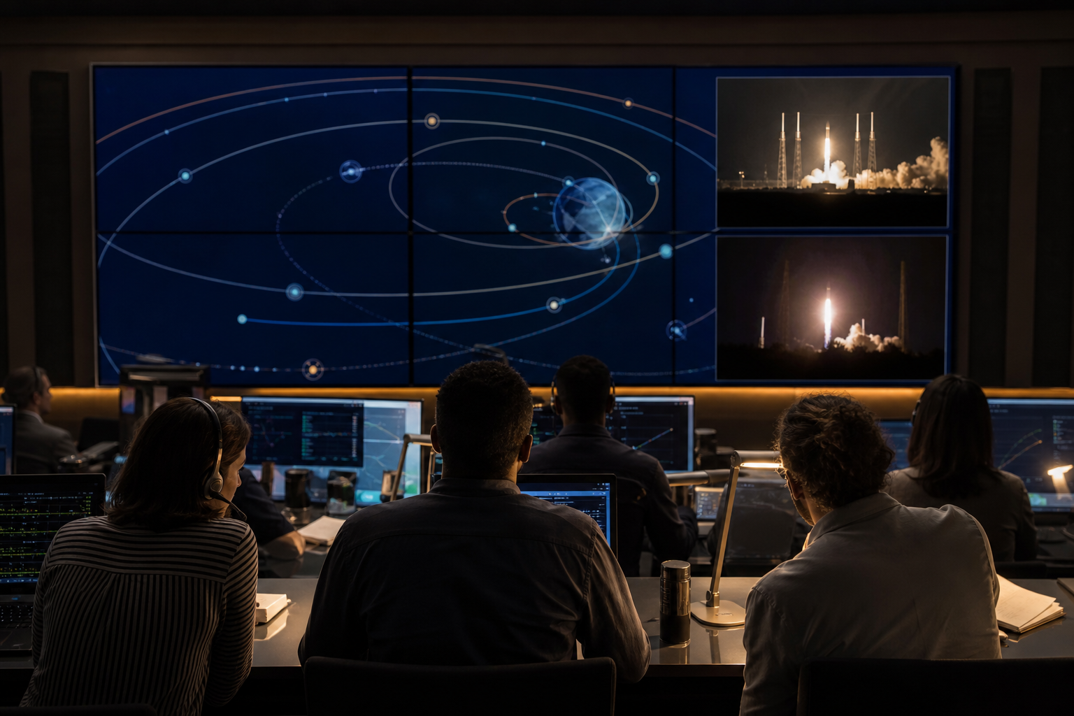 A diverse mission-operations team monitors overlapping launch trajectories at night