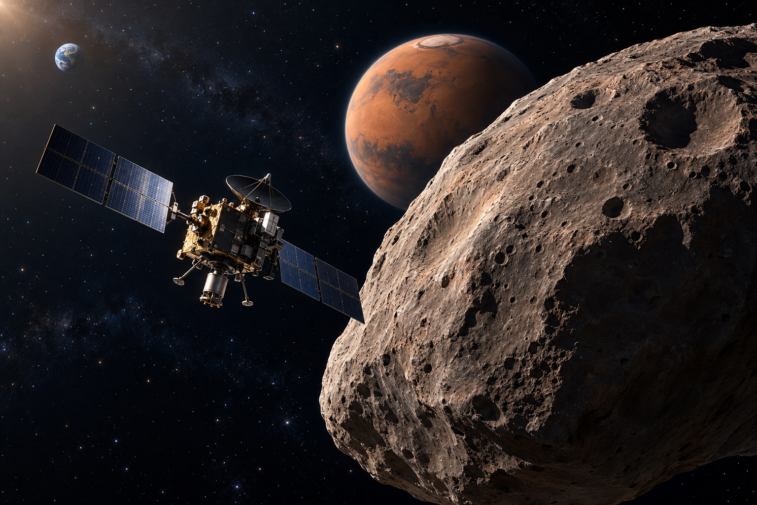 MMX spacecraft approaching cratered Phobos with Mars in the distance, illustrating the Phobos sample-return mission.