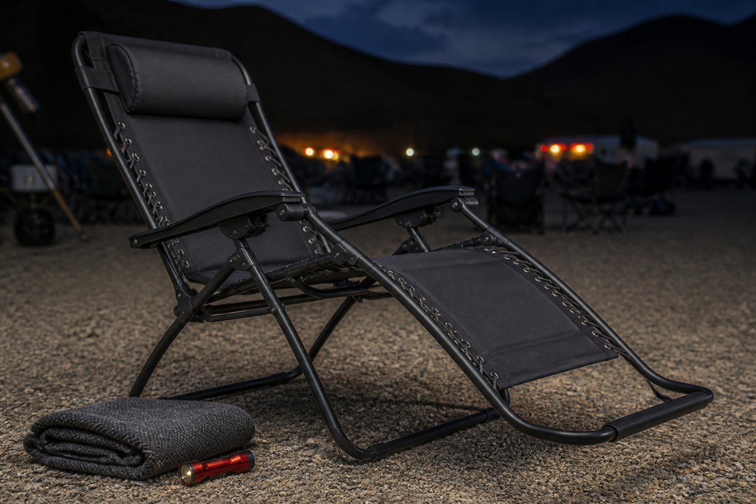A reclining chair on firm ground shows a stable base and head support