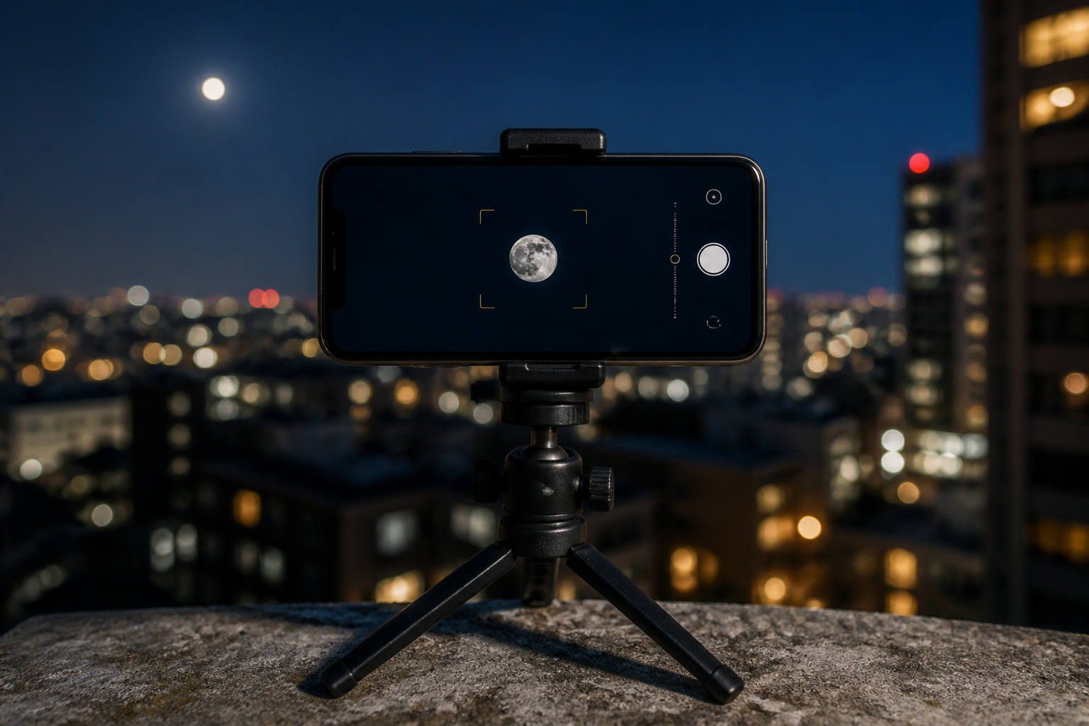 A smartphone on a compact tripod frames the Moon above city lights.