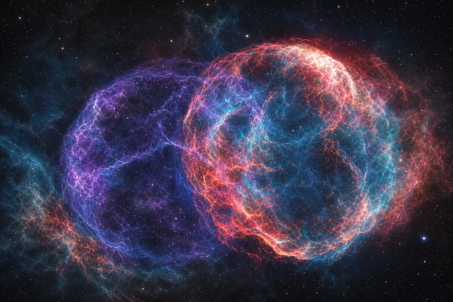 Illustration of two overlapping supernova remnants, representing IC 443 and the candidate sibling remnant G189.6+3.3.
