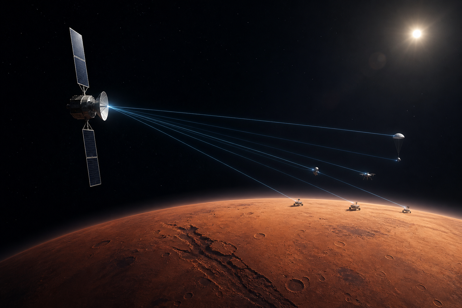 Conceptual illustration of a communications spacecraft above Mars supporting several future exploration vehicles.