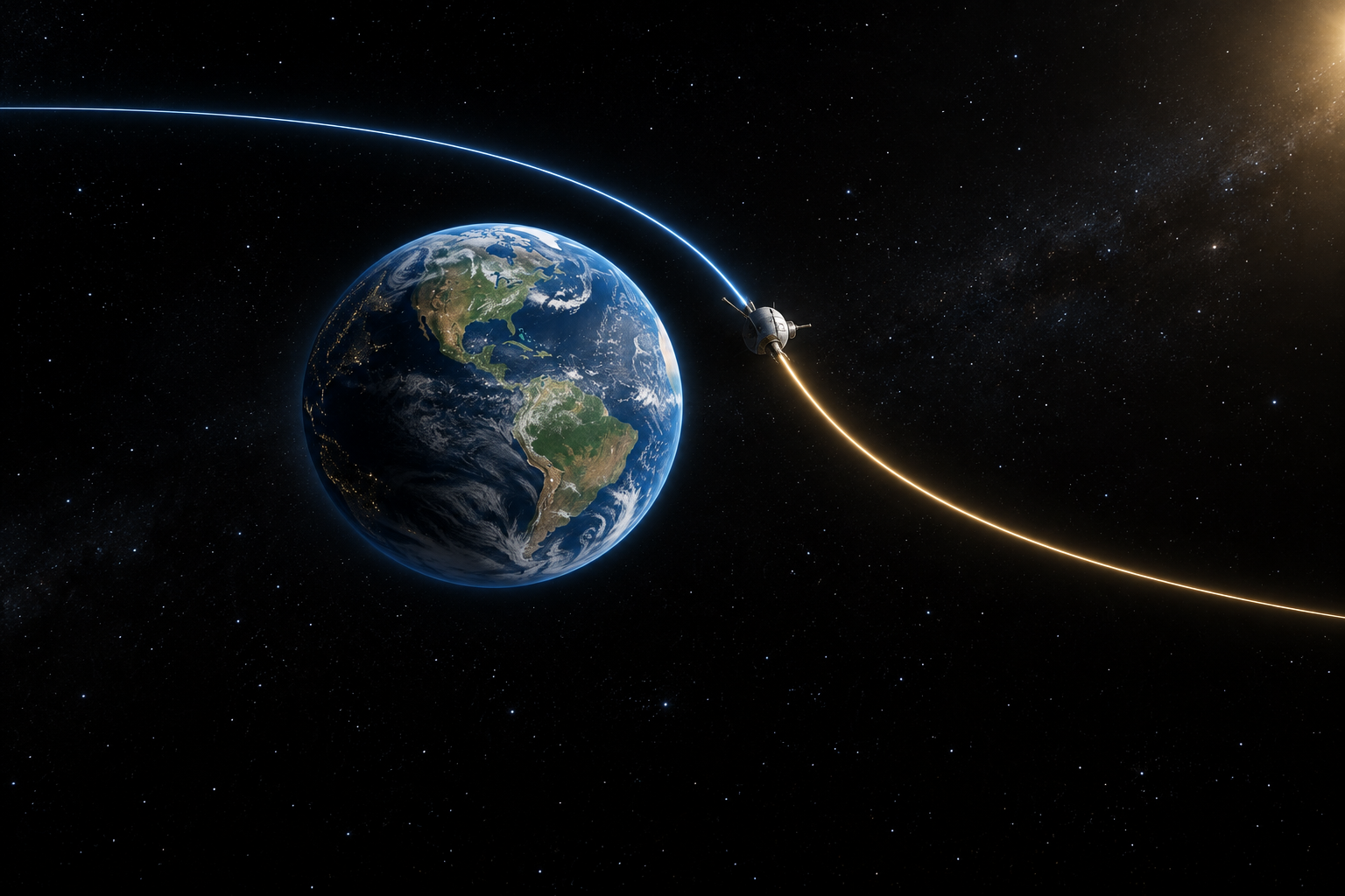A curved spacecraft trajectory illustrates how a gravity assist changes direction around Earth