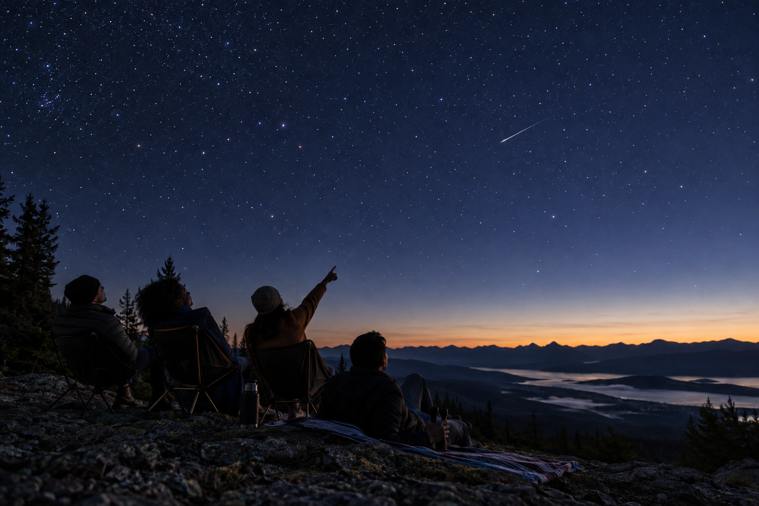 Four friends watch a single meteor from camping chairs at a dark-sky overlook before dawn.