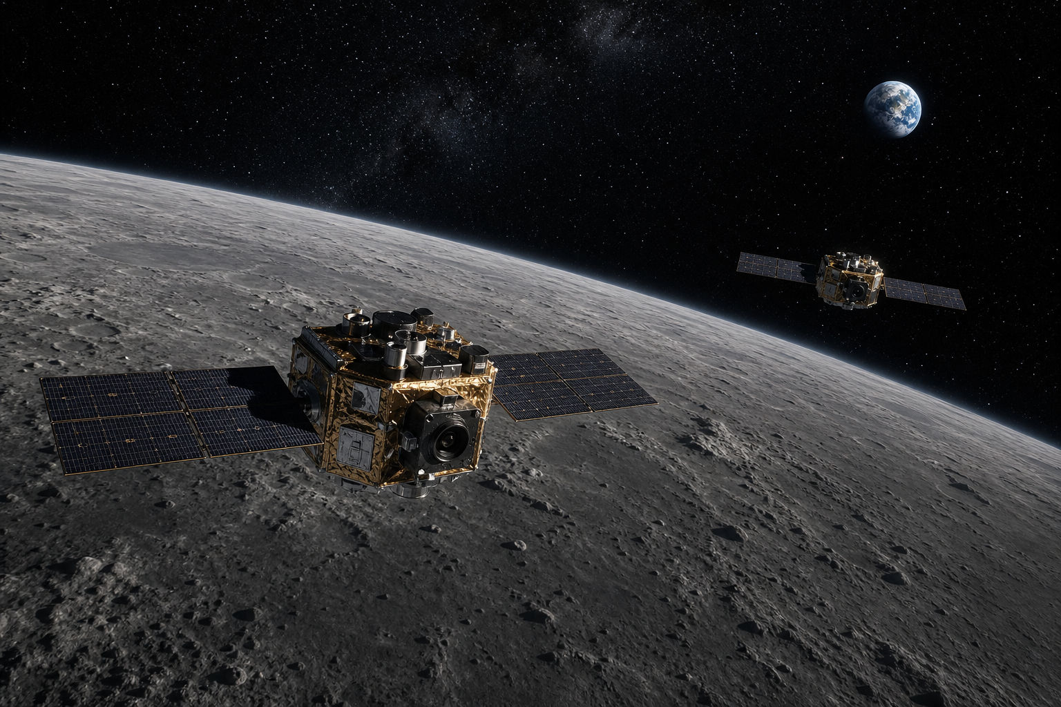 Two matching lunar spacecraft conducting a cautious autonomous rendezvous