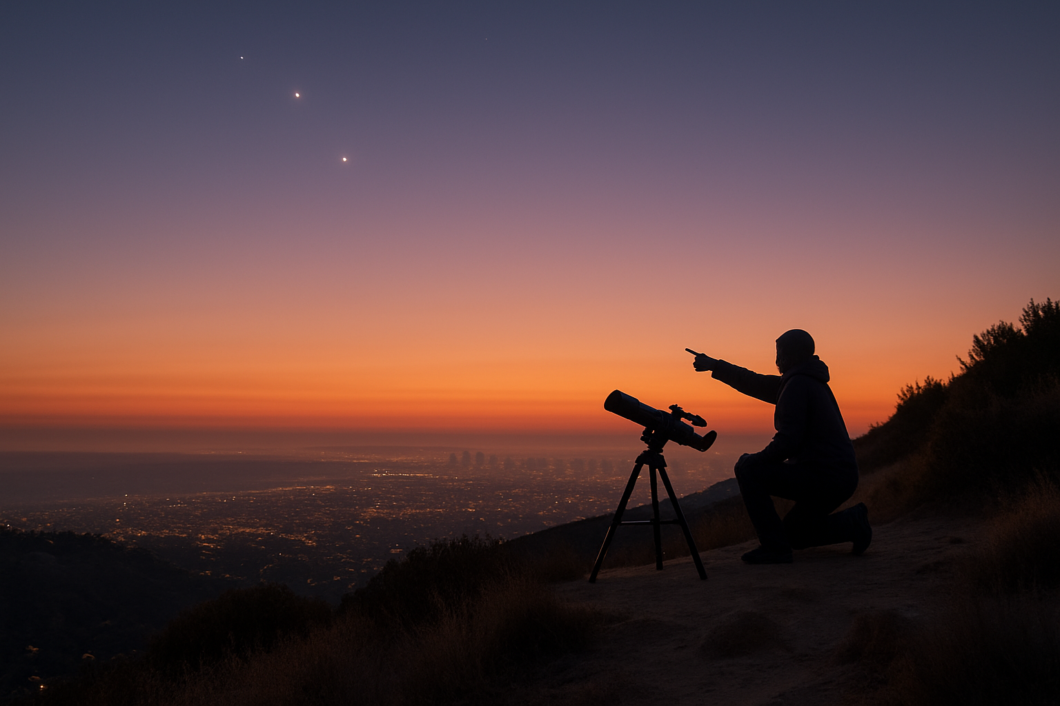Two skywatchers using binoculars from a Houston rooftop while bright evening planets hang above the skyline