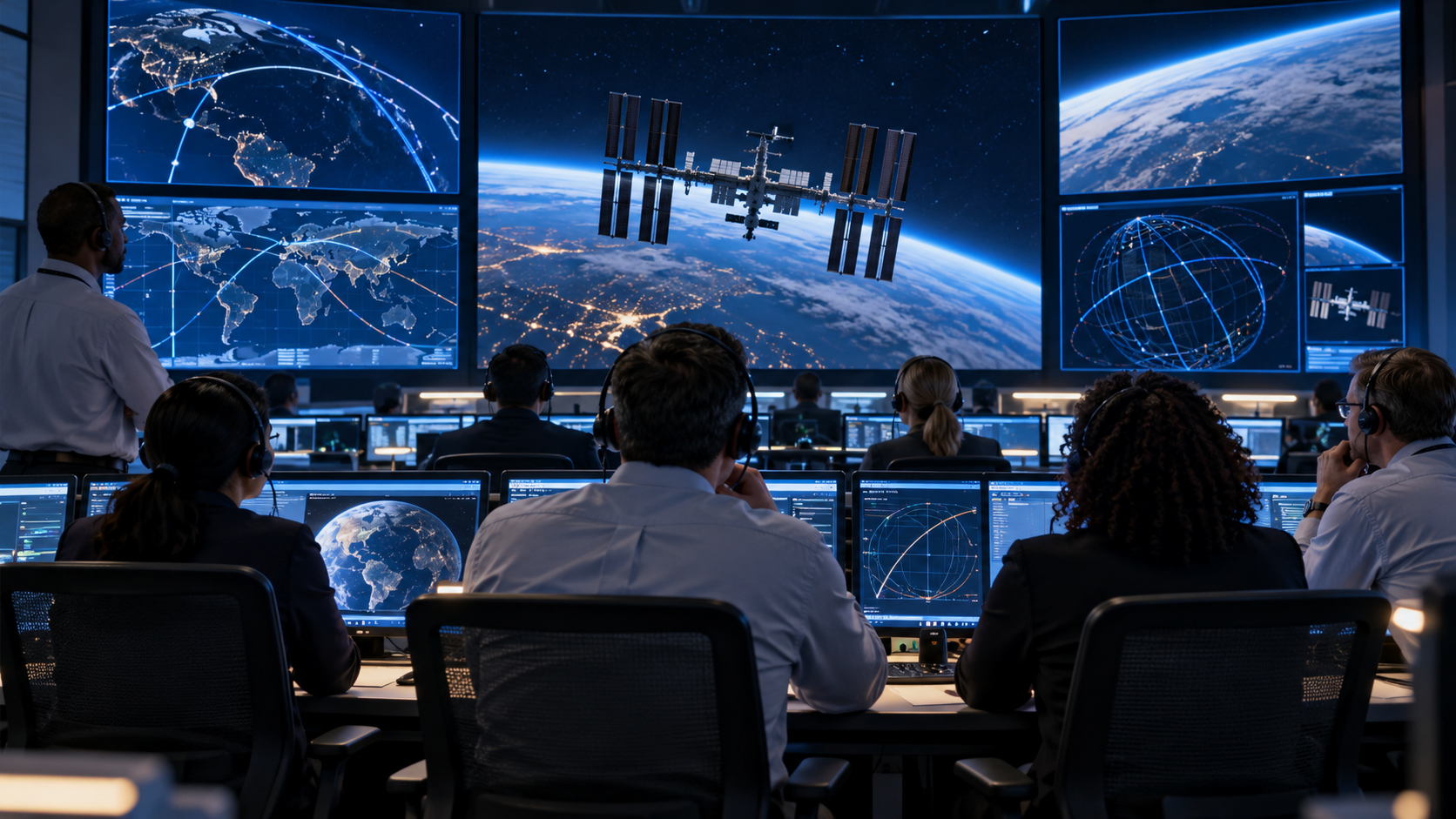 A diverse flight-control team watches an abstract orbital display in a Houston-style mission control room