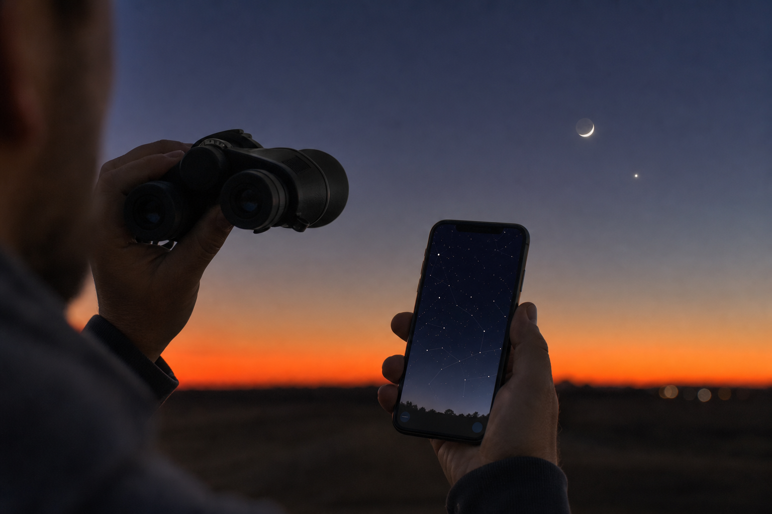 Binoculars and a phone held toward a Moon–Venus twilight horizon