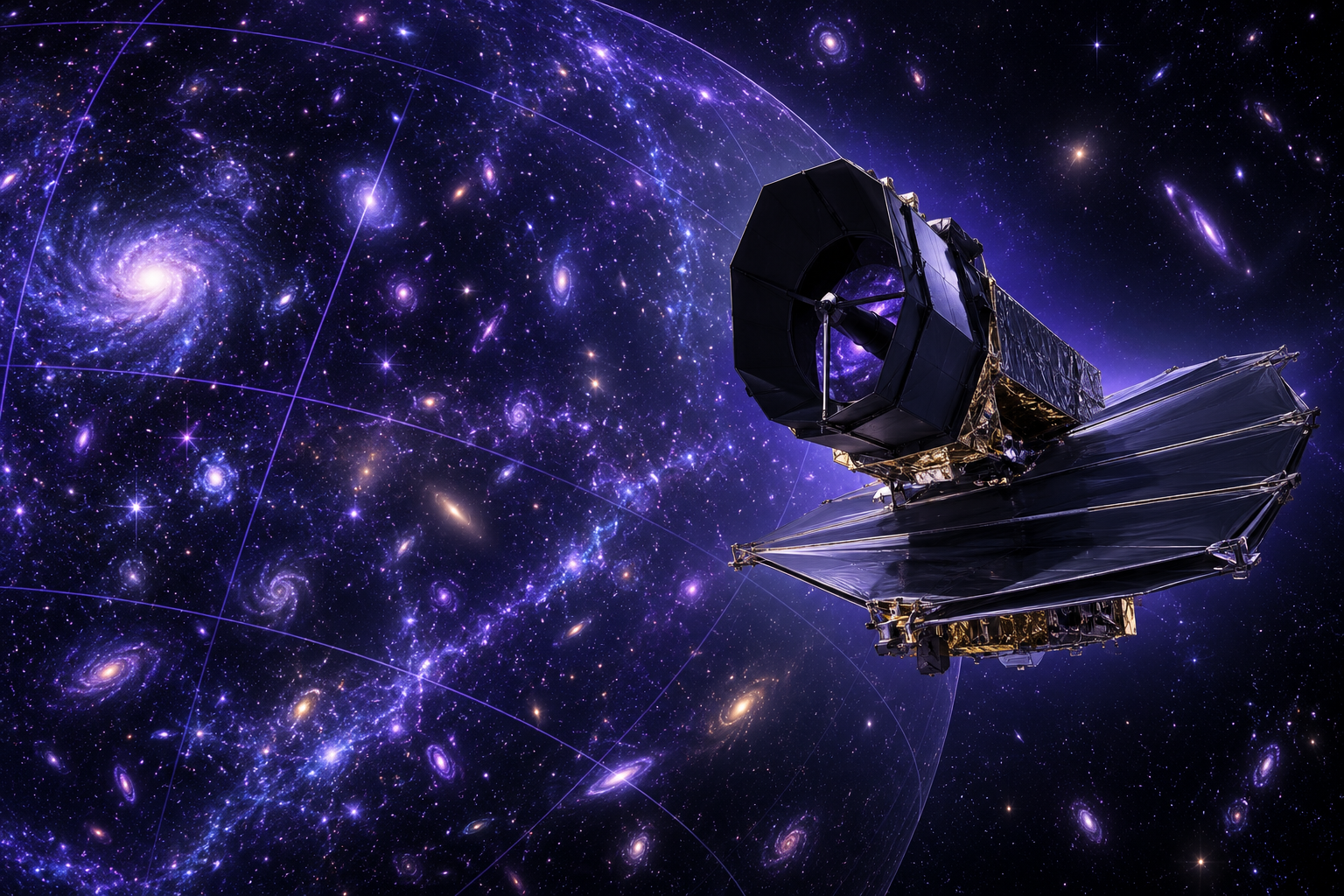 Concept illustration of an ultraviolet space telescope surveying a violet galaxy-filled sky
