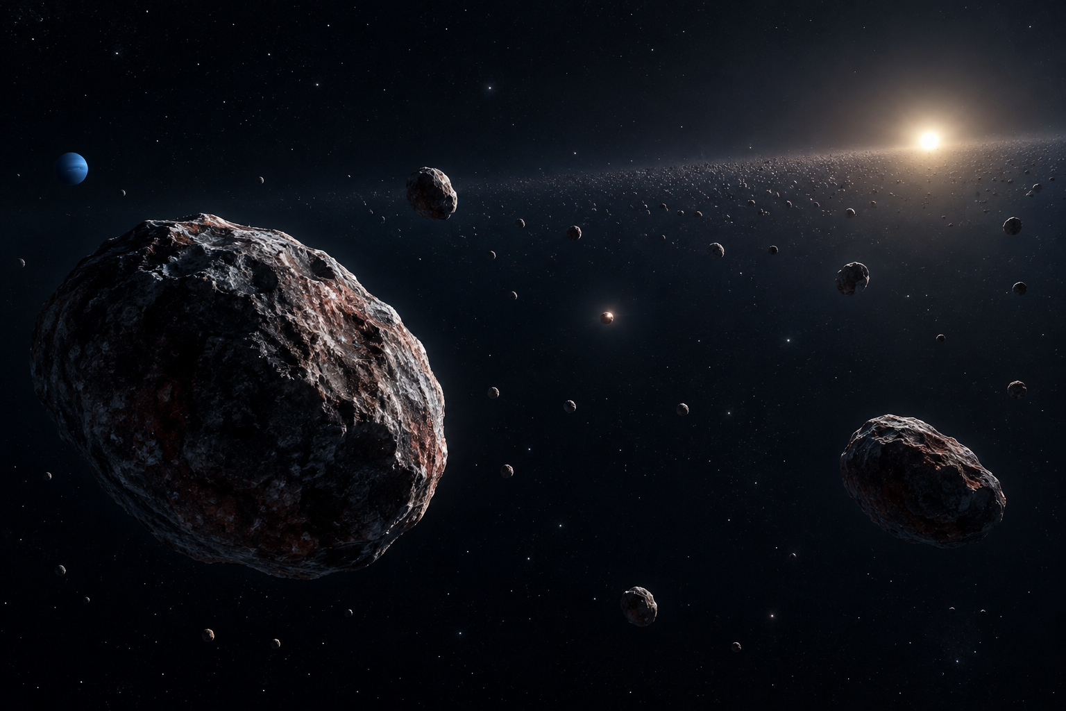 Artist’s conceptual view of tiny icy trans-Neptunian objects drifting beyond Neptune under a distant Sun.