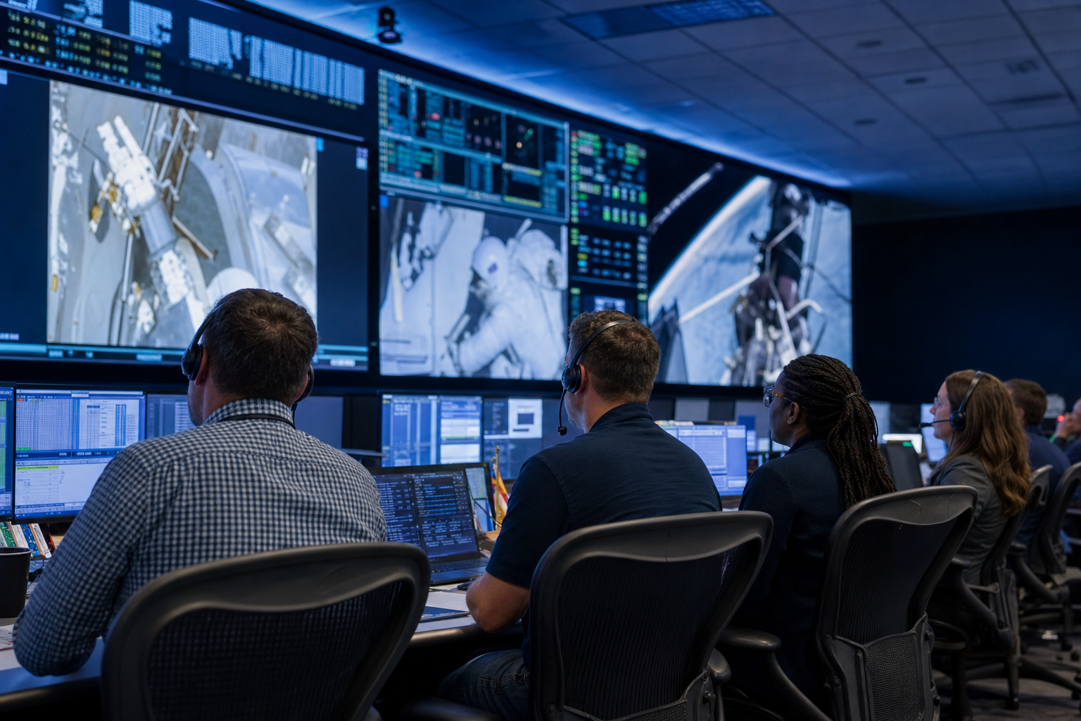 Flight controllers work together during a live International Space Station spacewalk broadcast