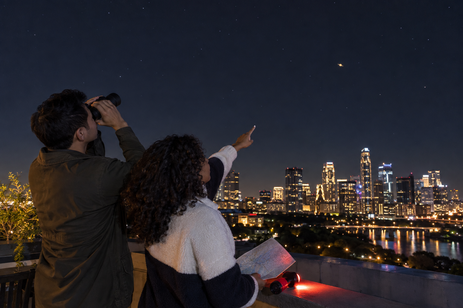 Friends using binoculars from a city rooftop