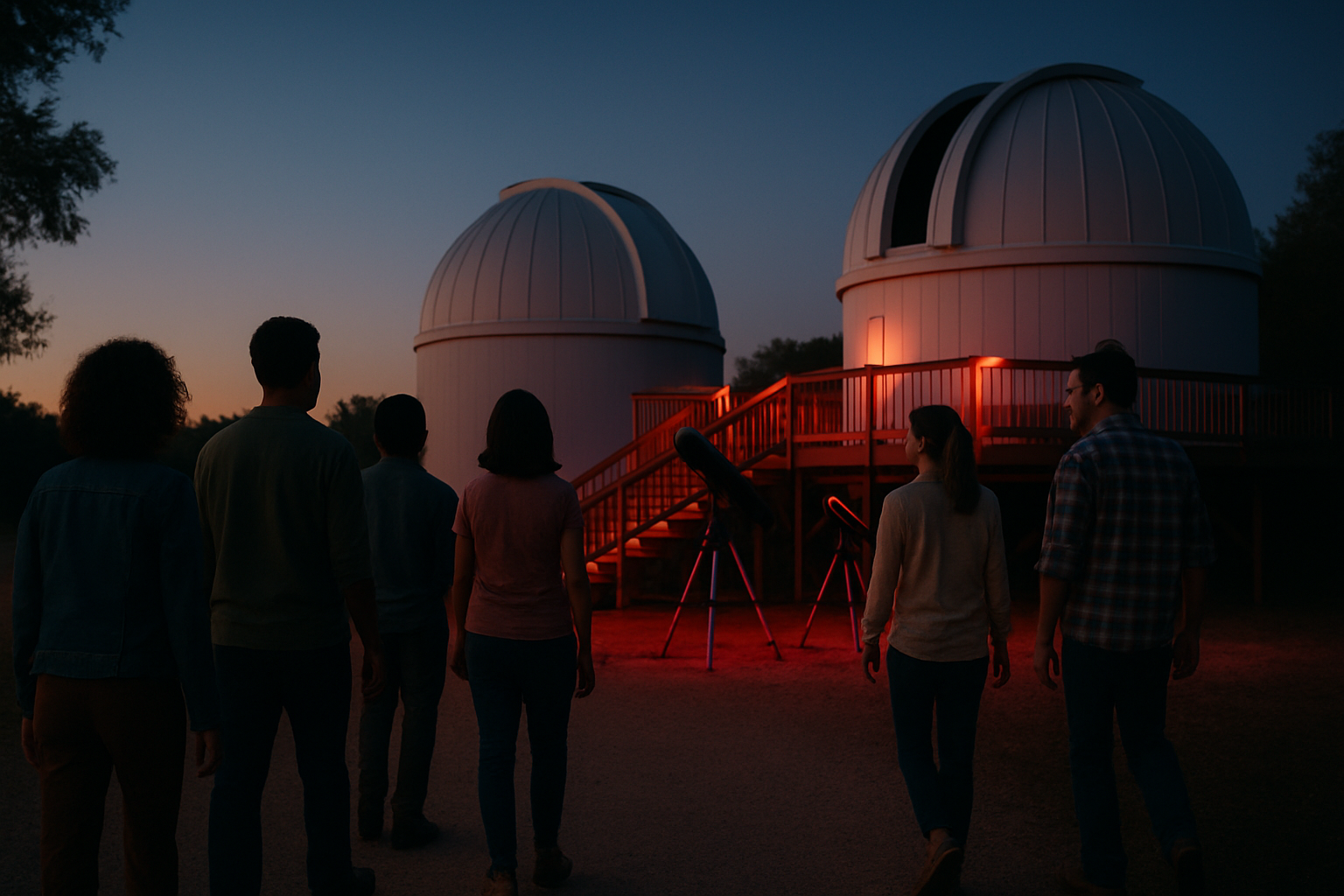 Diverse group of friends arriving together for a public observatory night in Texas, with domes and telescopes at dusk