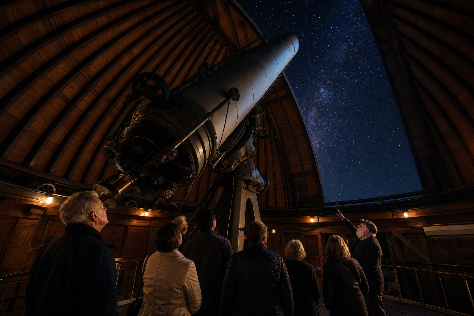 Visitors look up at a historic telescope inside its dome