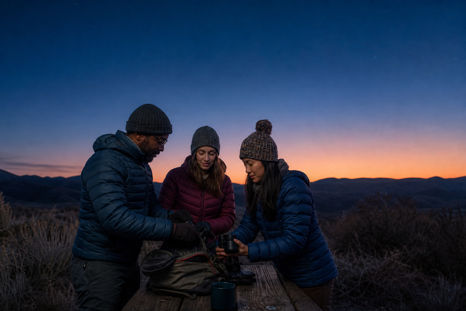 Three friends safely pack binoculars away as dawn brightens behind a ridge.