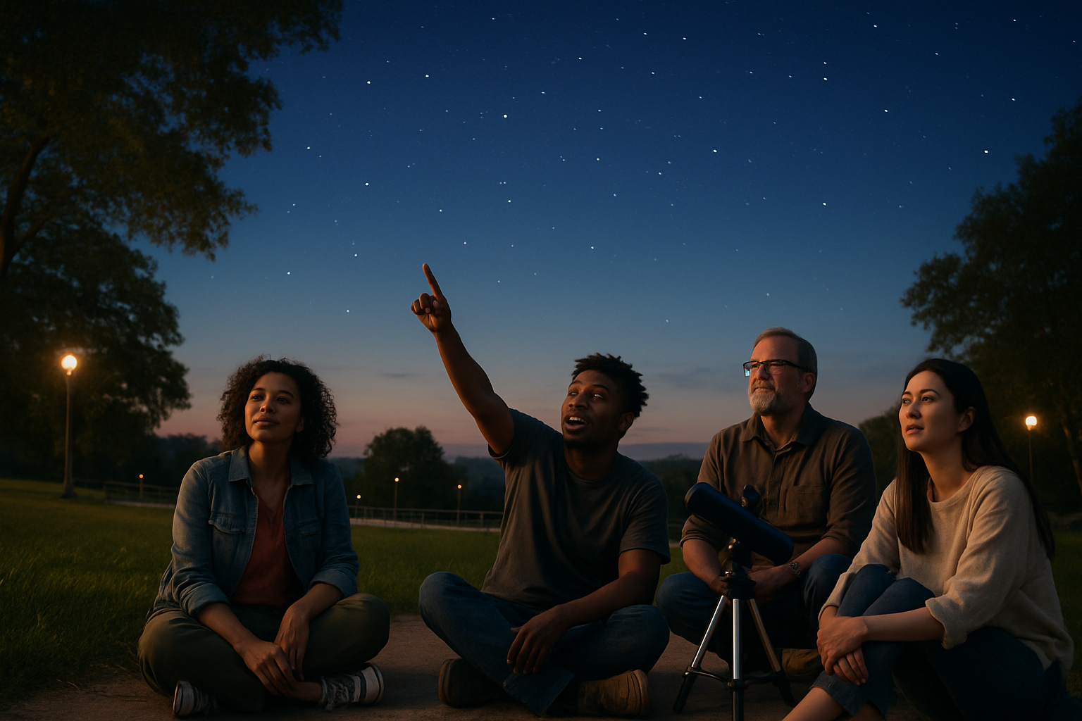 A small group of amateur stargazers under the first summer stars after solstice sunset
