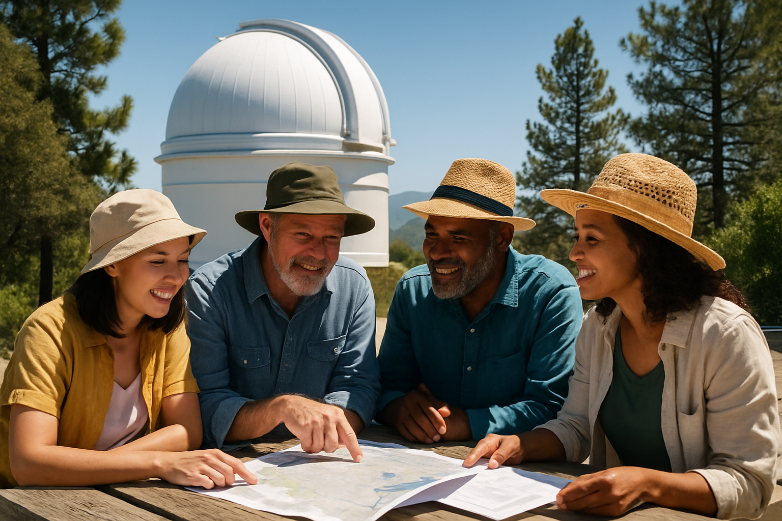 Small group of adult astronomy enthusiasts reviewing a map and tour plan outside an observatory dome