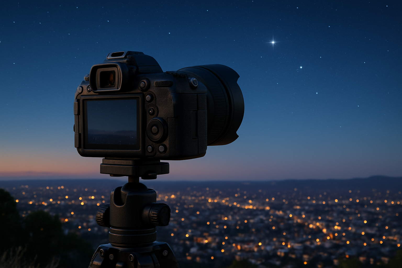 Camera on tripod aimed above a city overlook while Vega and Deneb emerge through late June twilight
