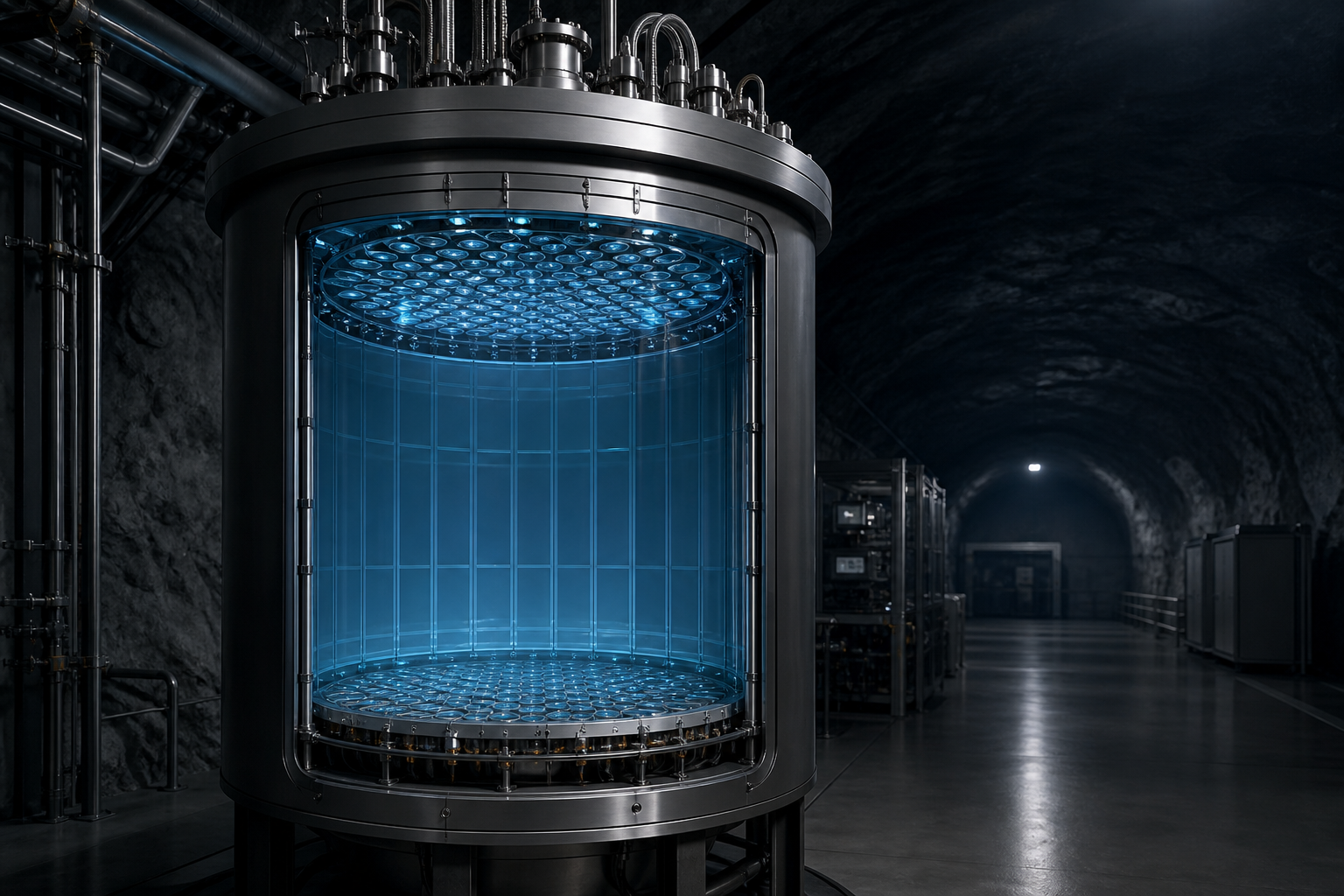 Conceptual illustration of a liquid-xenon dark-matter detector in an underground laboratory; it does not depict a confirmed particle.