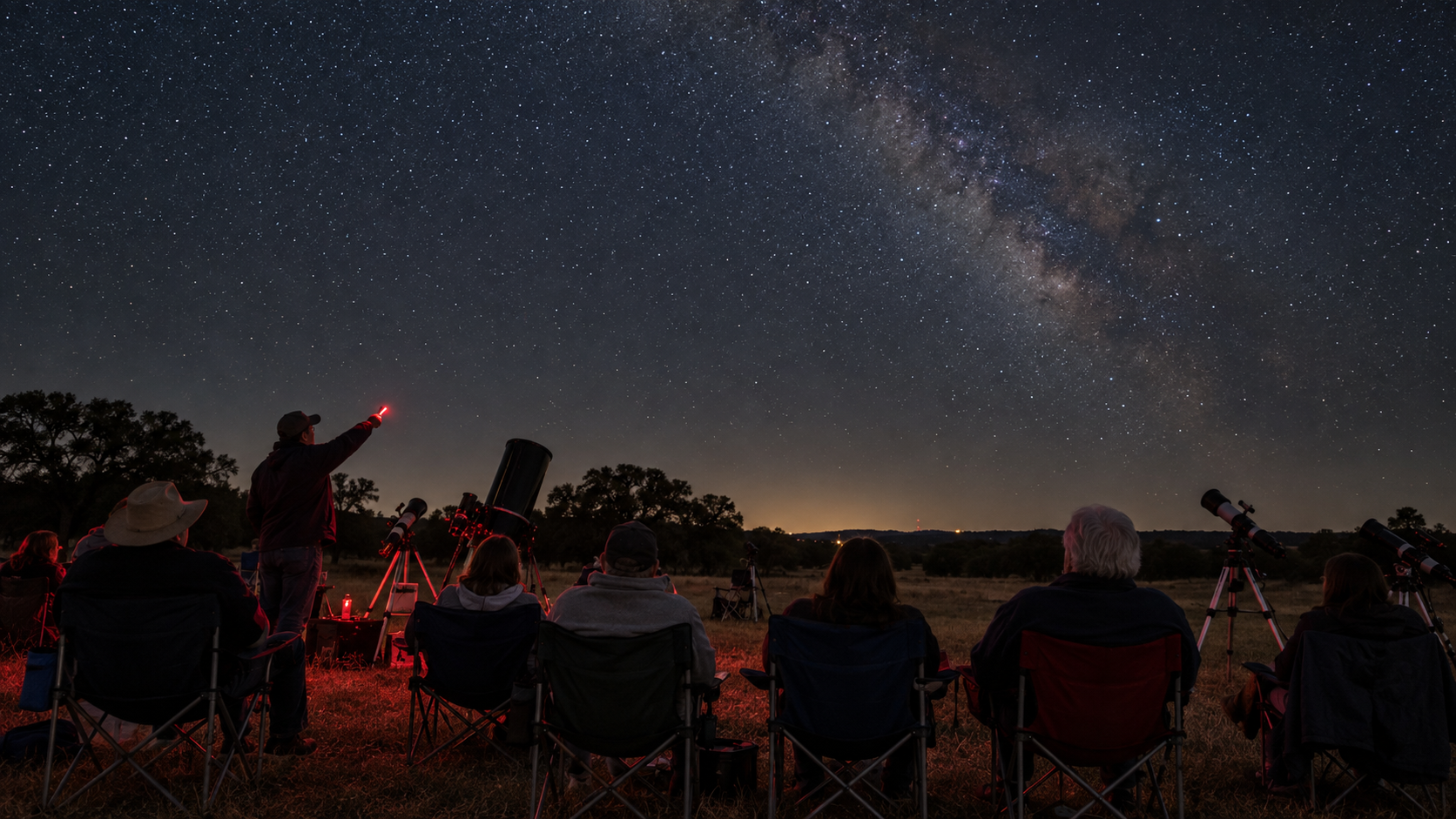 Visitors sit quietly behind a telescope line while a volunteer points out the sky with red light.