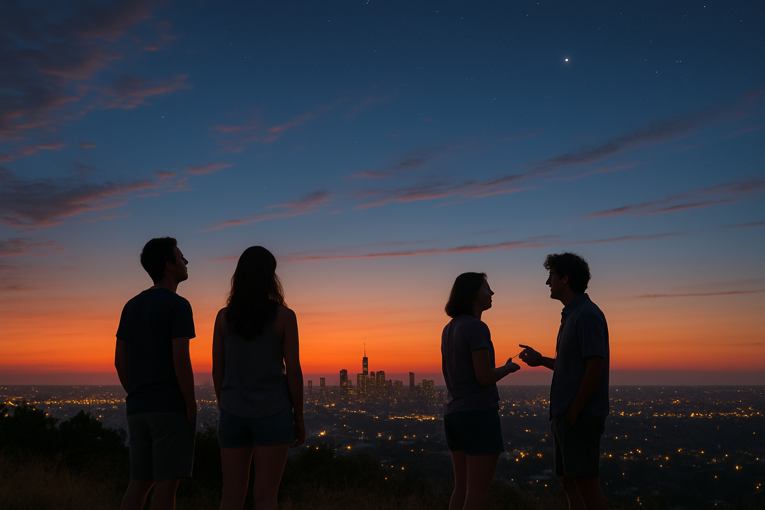 Friends watching a long summer twilight from a city overlook