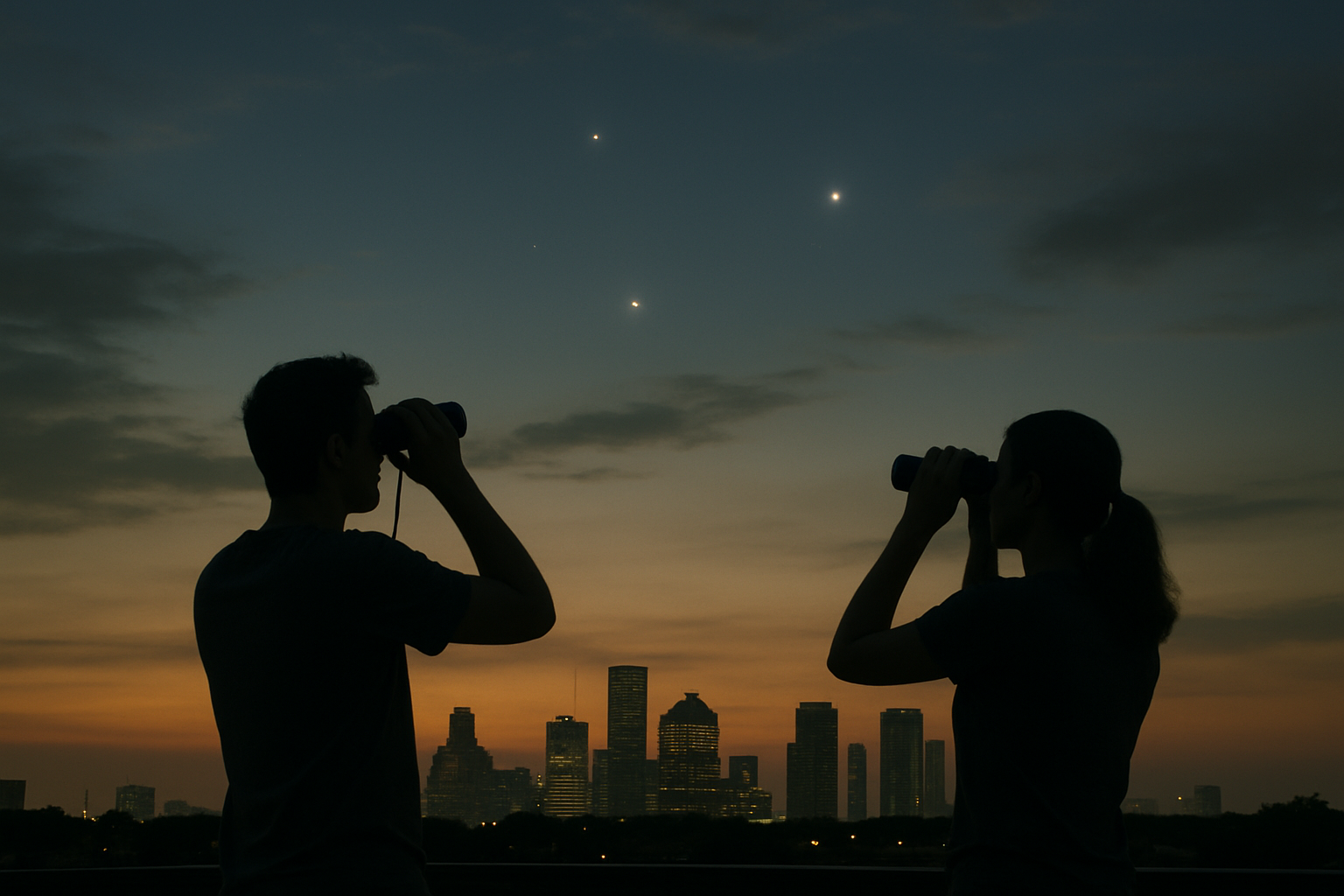 Skywatchers silhouetted against a western sunset with Mercury, Venus, and Jupiter aligned above the horizon