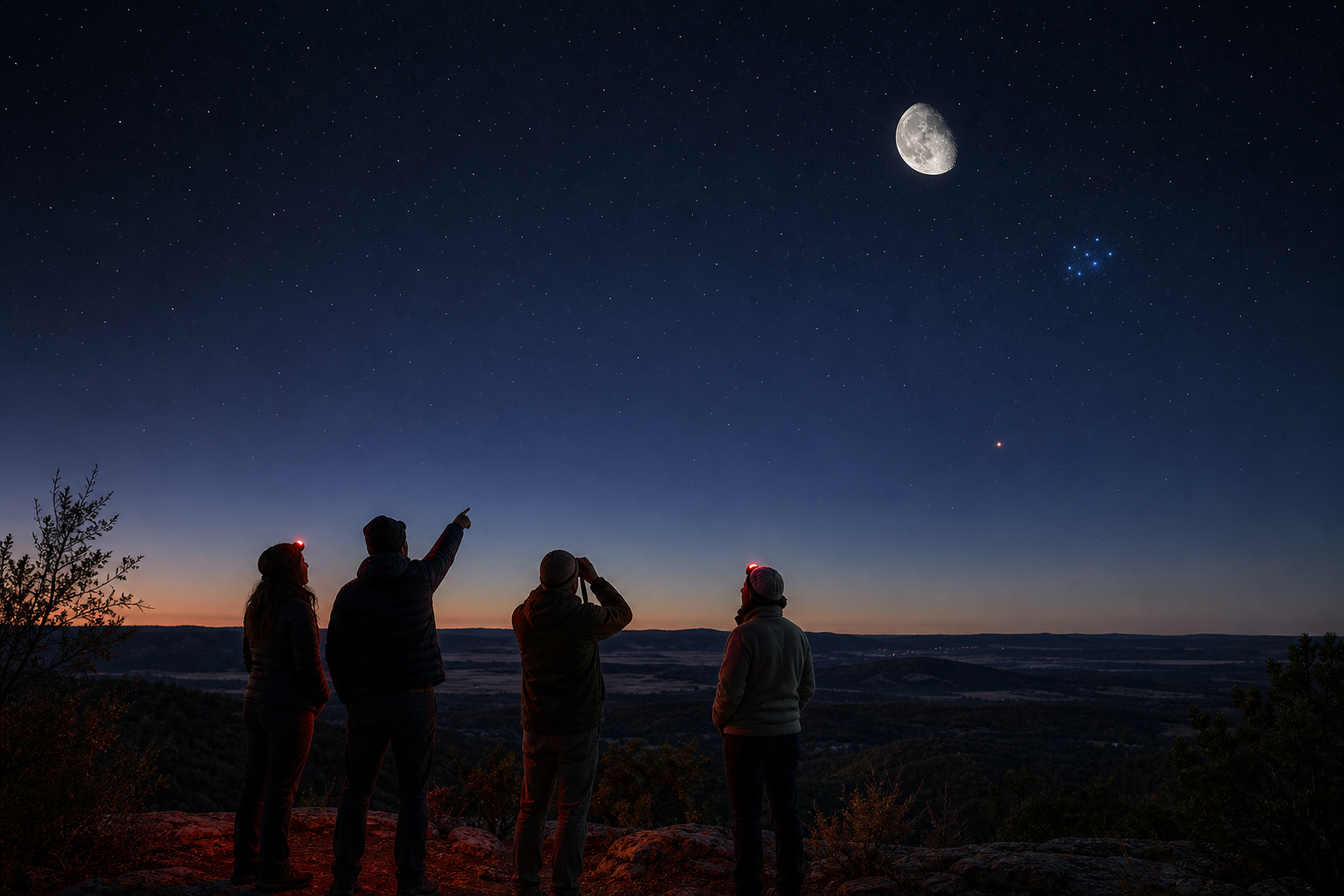 Four friends observing the Moon, Pleiades, and Mars from an Austin Hill Country overlook before dawn.