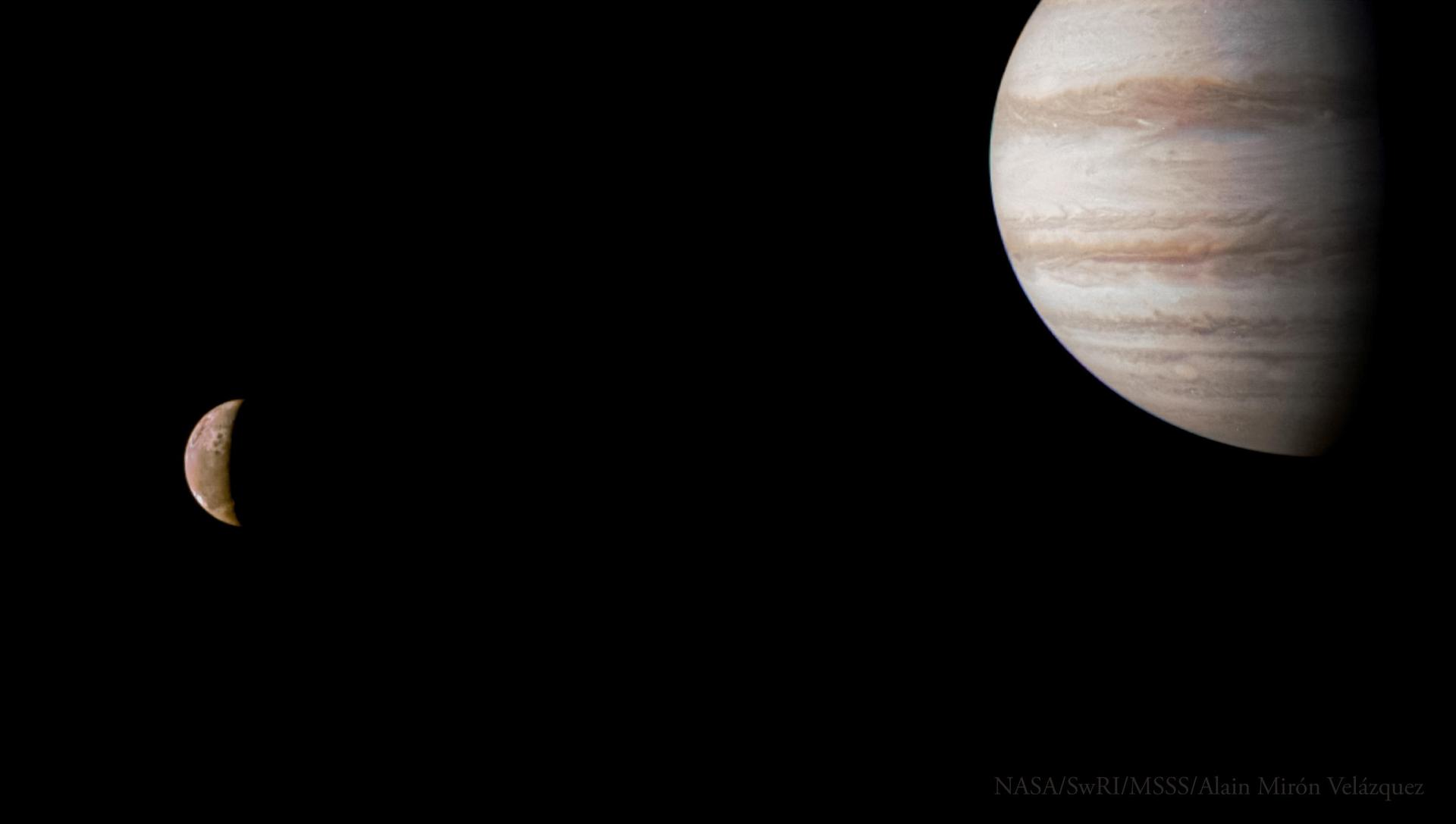 Close-up view of Jupiter with its moon Io from NASA's Juno mission