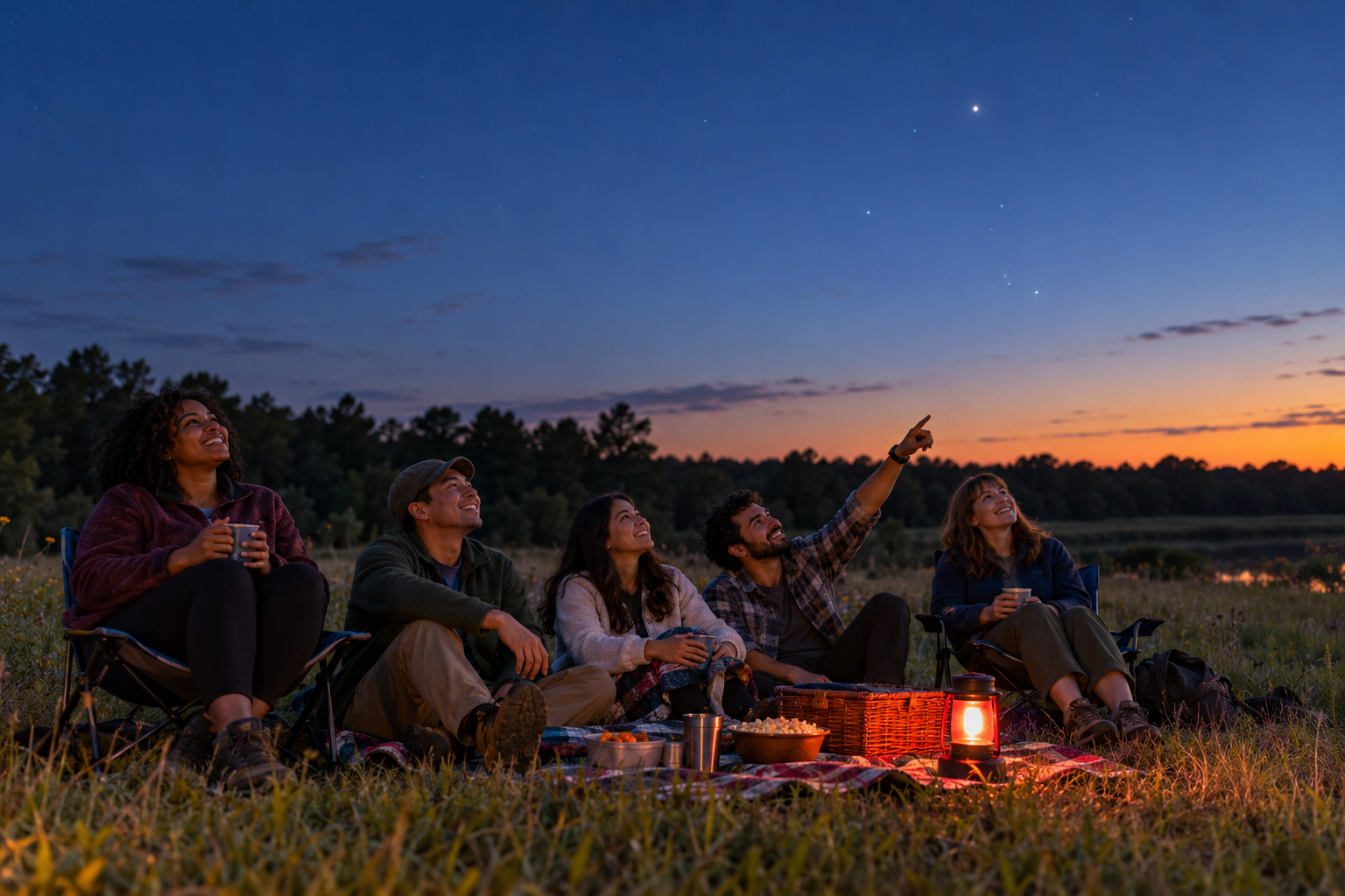 A group of friends having a no-telescope stargazing picnic at blue hour in a Texas park