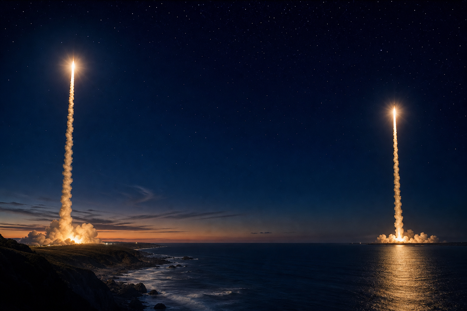 Two orbital rockets rise from opposite coastlines under a star-filled pre-dawn sky, illustrating SpaceX’s record 38-minute dual launch cadence.