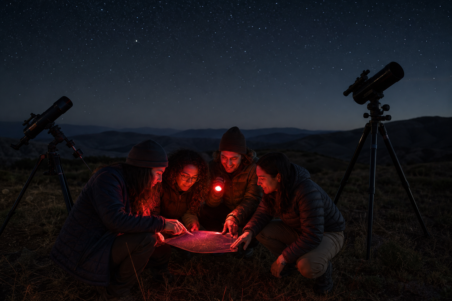 Friends prepare together with red light and sky maps at a public star party